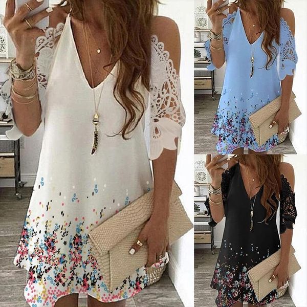 

off shoulder vintage floral womens dress print half sleeves midi casual sling v neck lace boho beach party, Black;gray