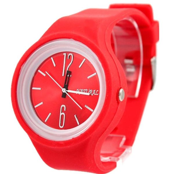 

wristwatches analog quartz round watch japan pc21j movement red soft silicone band dial, Slivery;brown
