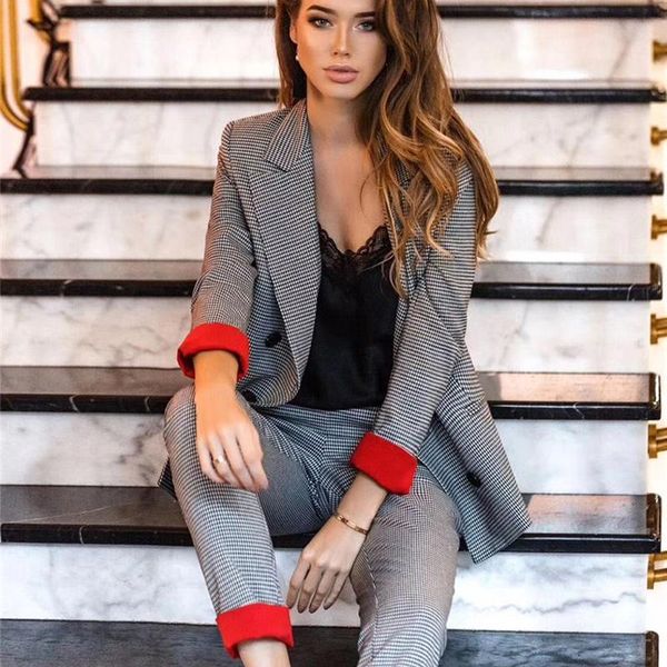 

women's two piece pants women blazer plaid cuffs sets double breastedr jacket outerwear elastic waist pencil casual office suits, White