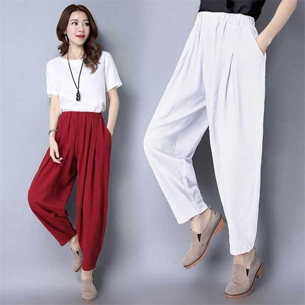 

women's pants & capris womens casual pencil women loose elastic waist solid color femme trousers linen cotton plus size 5xl/7xl black, Black;white