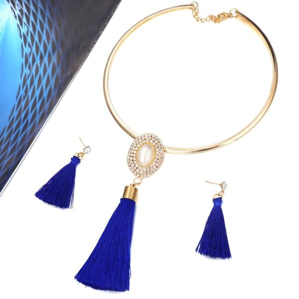 

earrings & necklace fashion colorful tassel drop jewelry set for women long chocker pendant wedding gift, Silver