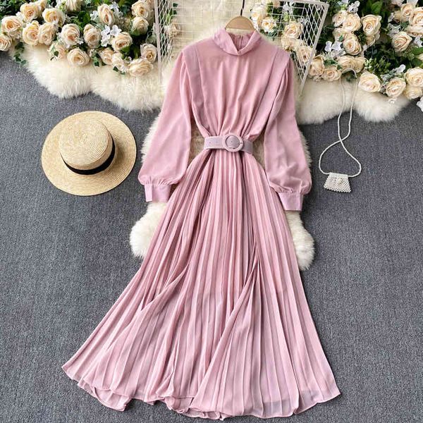 

singreiny women pleated maxi dress autumn stand collar puff sleeve elegant a-line dresses korean fashion streetwear long dress 210419, Black;gray