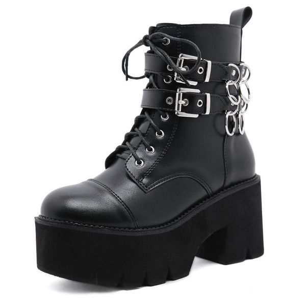 

boots 2021 demonia metal decoration ankle women platform heels black gothic strap buckle ladies short plus size 43