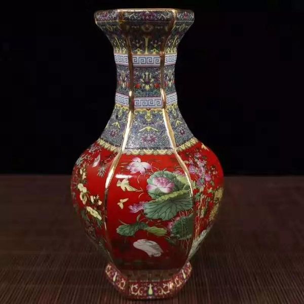 

exquisite chinese archaize colored enamel decorative auspicious flowers and birds six sides porcelain vase vases