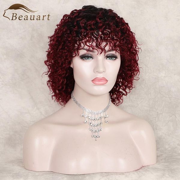 

lace wigs beauart afro deep curly human hair full wig 12"short kinky curls with bangs for black women bob cut machine, Black;brown