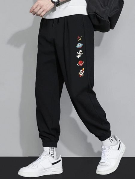 

men rocket & spaceman print drawstring sweatpants j04v#, Black