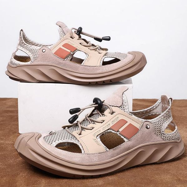 

sandals summer men's genuine leather business casual shoes breathable design outdoor beach roman water sneakers, Black