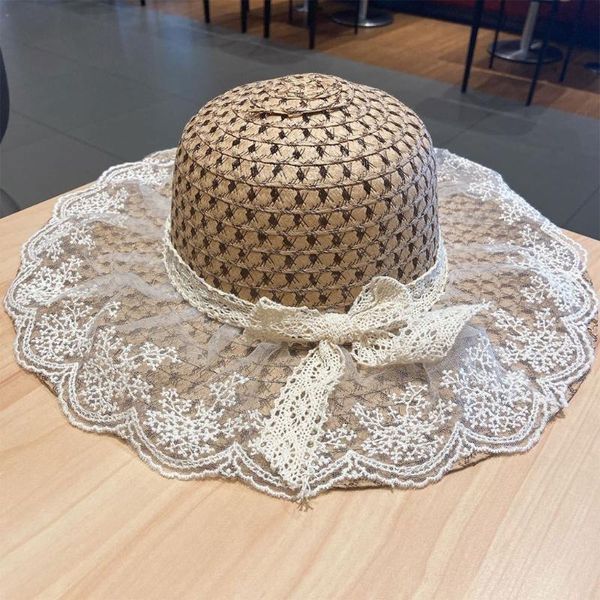 

summer straw wide brim sun hat floral lace bowknot beach cap with chin strap hats, Blue;gray