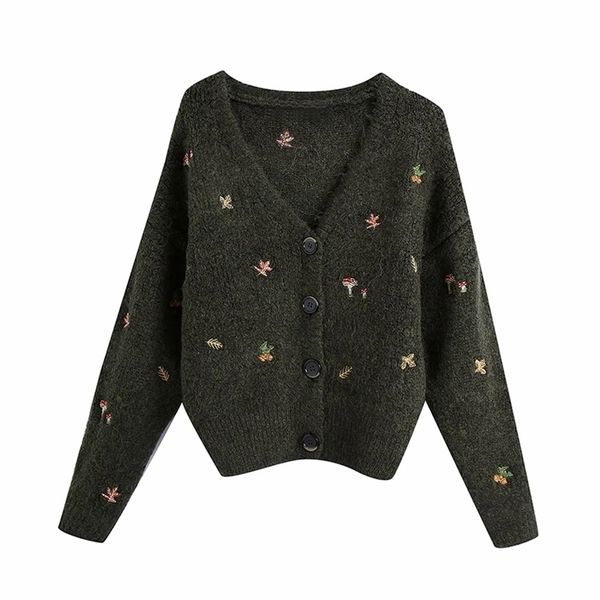 

women retro sweet embroidered v-neck cardigan sweater female chic long sleeve casual slim coat 210531, Black;brown