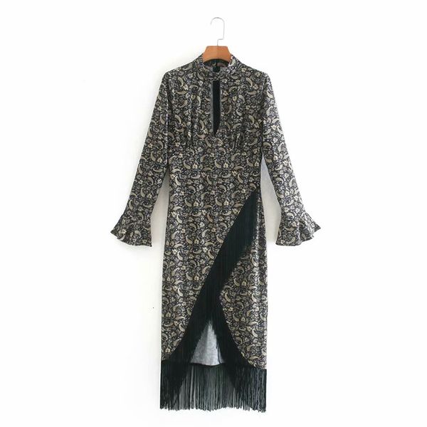 

casual dresses new autumn women vintage floral print wrapped long dress chic female speaker sleeve casual slim sheath tassel, Black;gray