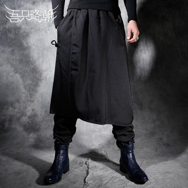 

autumn men's warm fake two-piece skirt pants, personality trendy nightclub outfit, korean style elastic waist loose foot p pants, Black