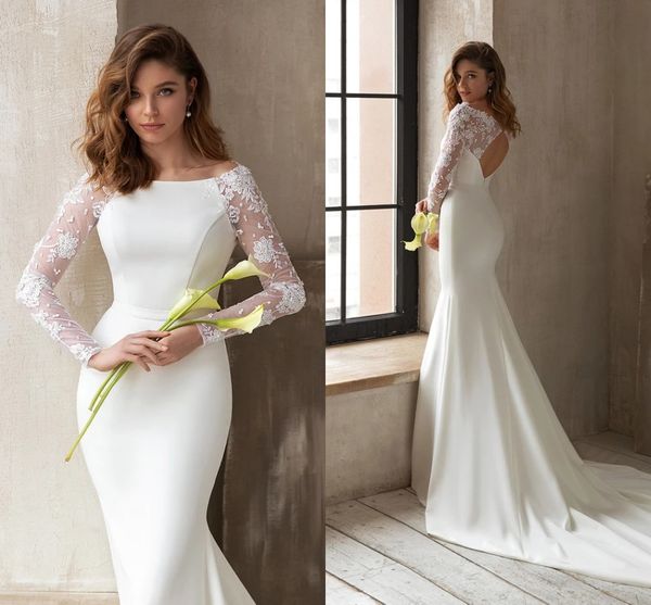 

elegant mermaid satin wedding dress bateau neckline long lace sleeves bridal gown backless court train brides gowns vestido de novia simple, White