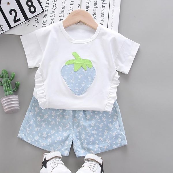 

clothing sets 2021 small fresh girls toddler kids baby casual strawberry print short-sleeved +shorts clothes set, White