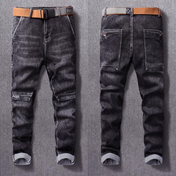 

men's jeans european street style fashion men retro black gray elastic slim fit spliced designer hip hop denim pencil pants, Blue