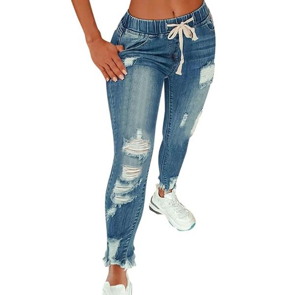 

women's jeans vintage ripped wome high waist stretch hole fashion denim full length pencil pants skinny jean trousers d30, Blue