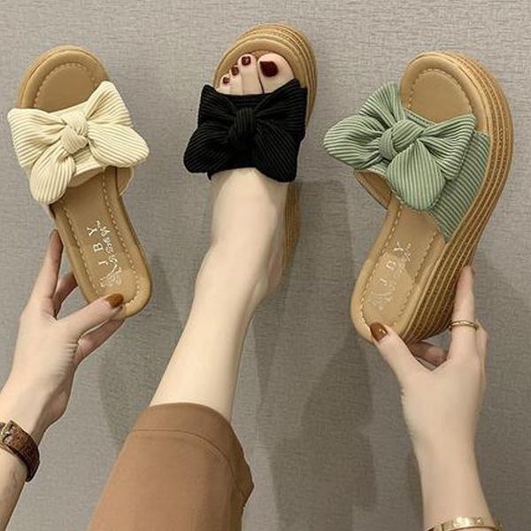 

slippers beauty women wedge suede bow platform shoes ladies slip-on open toe fashion thick bottom va783, Black