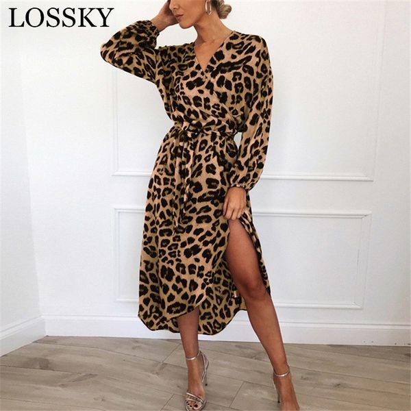 

leopard dress women vintage long beach midi loose sleeve deep v-neck a-line party vestidos de fiesta 210520, Black;gray