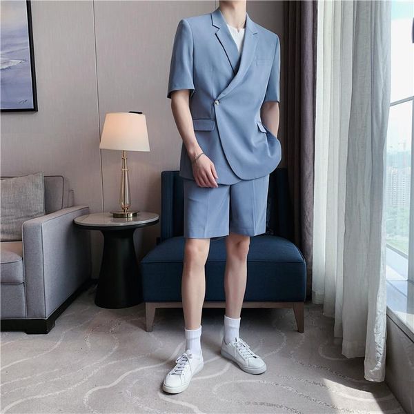 

men's tracksuits 2pieces summer solid thin loose casual one button blazer jacket + shorts sets simple business formal wear 2xl, Gray
