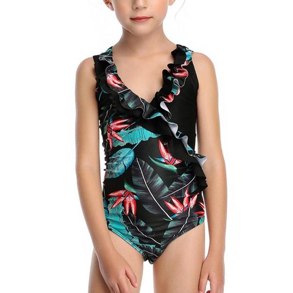 

ruffle sleeveless floral printed swimwear for girls bikini bathing suit beach children girl swimsuit #20 one-pieces, Black