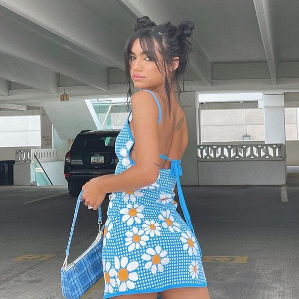 

casual dresses sweet floral plaid print blue y2k summer strap tank mini wrap dress knitted sleeveless club 90s short beach, Black;gray