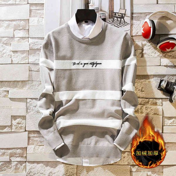 

sweater knit men's t shirt junior student stripe plush thick warm round neck pullover backing, White;black