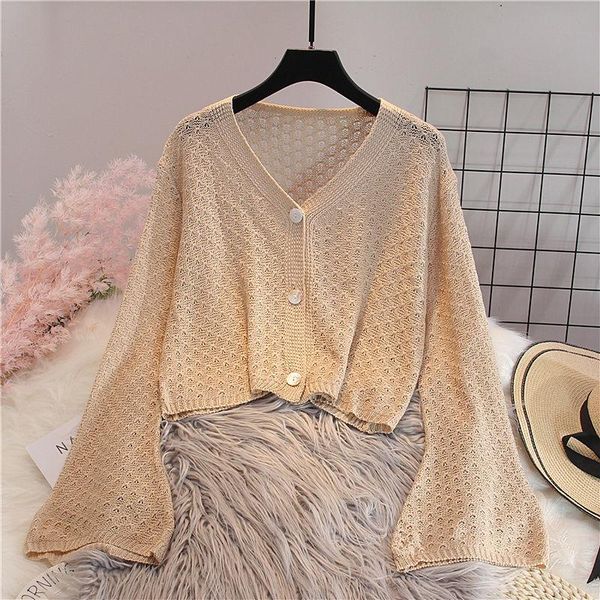 

women's knits & tees v-neck lazy wind cardigan knitted jacket 2021 summer korean short air conditioning shirt hollow thin cute, White
