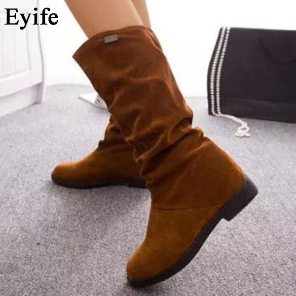 

boots eyife large-sized suede shoes women 2021 winter keep warm ladies pointed toe flat snow home office mid calf knight, Black