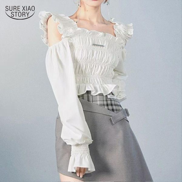 

women's blouses & shirts elegant sweet slim ruffle shirt autumn chic puff sleeve leaky shoulder short blouse pleated fashion long-sleev, White