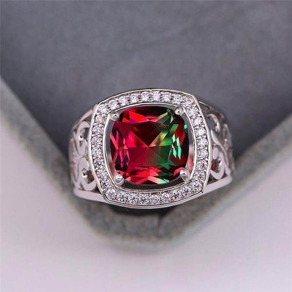 

wedding rings charm female crystal red green stone ring rose gold silver color engagement rainbow square hollow for women, Slivery;golden