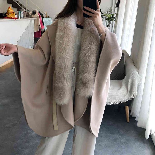 

women's trench coats wool cloak with real fur collar, casual and warm coat for autumn winter 2021, Tan;black