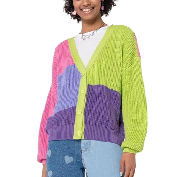 

women's knits & tees spring fall women\u2021s casual long sleeve cardigan fashion contrast color splicing sweater single-breasted knitt, White