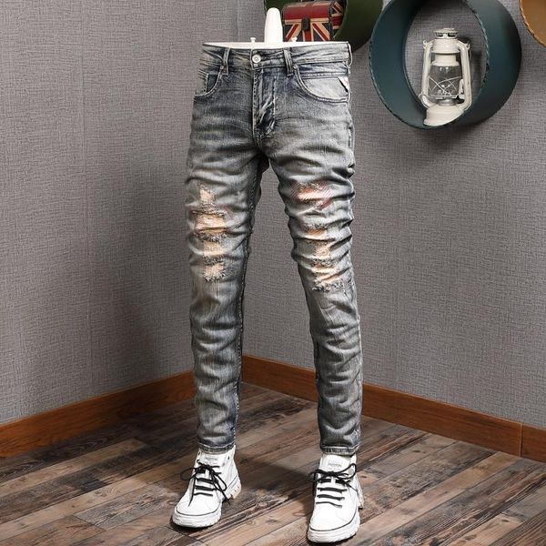 

men's jeans vintage ripped men retro blue straight slim fit pants mens streetwear cotton denim trousers