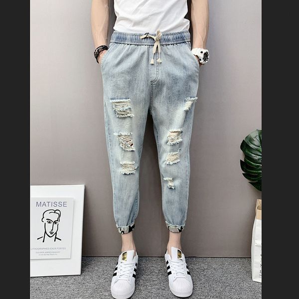 

men's jeans spring and summer fashion elastic waist casual hip hop spirit guy ripped jeans korean slim-fitting ankle length pants, Blue