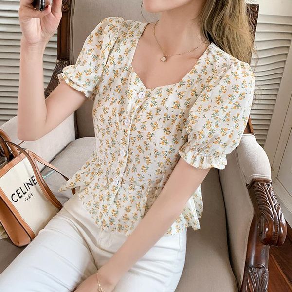 

women's blouses & shirts real floral chiffon shirt 2021 summer design sense retro short french square neck bubble sleeve top, White