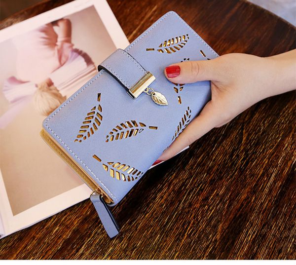 

women wallet pu leather purse long wallet gold hollow leaves pouch handbag for women new fashion coin purse card holders clutch, Black