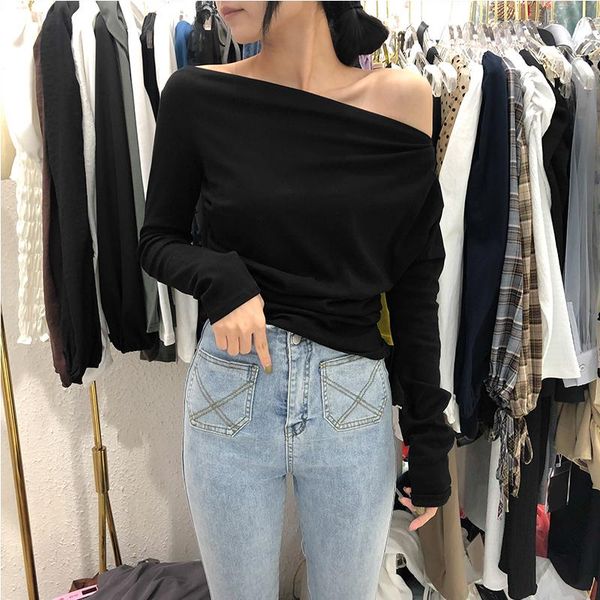

women's t-shirt 2021 spring design long sleeve women off the shoulder slash neck slim female bottoming casual black tees, White