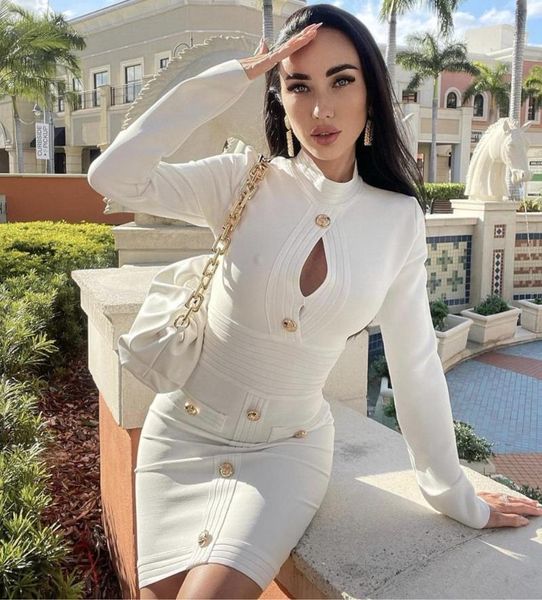 

casual dresses legg women designer long sleeve keyhole button white bandage dress ladies elegant brown bodycon party vestido, Black;gray