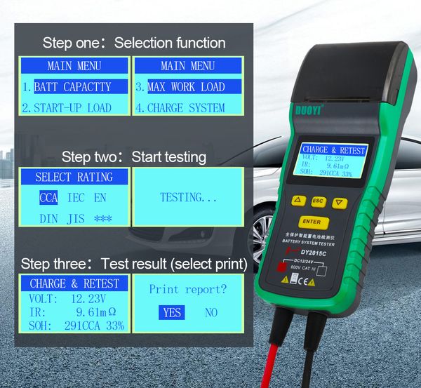 DUOYI DY2015C Autobatterietester 12V 24V Blei-Säure-Analysator Auto CCA 100-1700 SOH Integrierter Drucker Tragbare Messeinheit