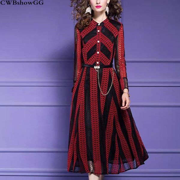

casual dresses spring women elegant lace patchwork dress female office lady party vintage designer fashion striped vestidos, Black;gray