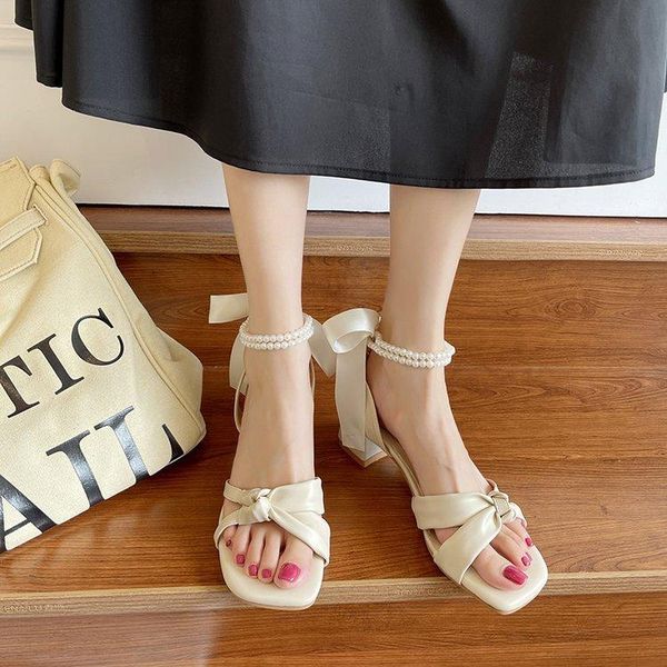 

sandals for women summer 2021 style thick heel small square head bow pearl ornament with skirt solid high heels, Black