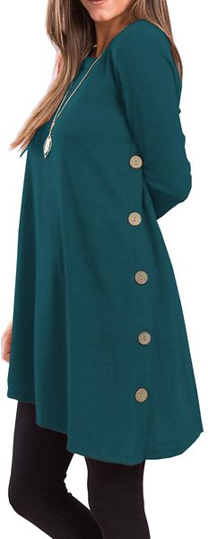 

women's long sleeve scoop neck button side sweater tunic dress, Black;gray