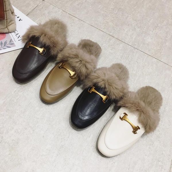

winter mules shoes women furry slides fashion home fluffy slippers ladies slide woman fur outside, Black