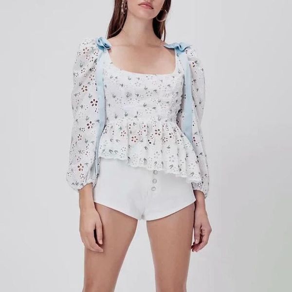 

vintage autumn women bow shoulder hollow out casual shirt female long sleeve embroidery loose blouse women's blouses & shirts, White