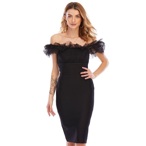 

summer women ruffless midi bandage dress lace pink short sleeve bodycon club celebrity evening party dresses 210423, Black;gray