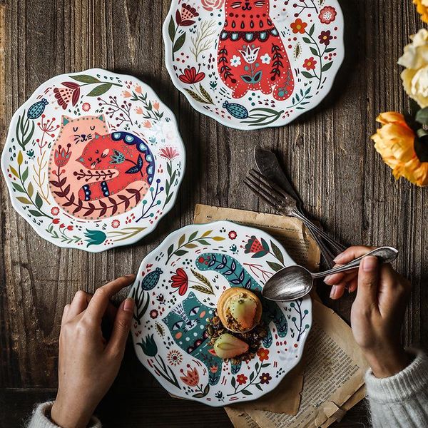 

dishes & plates creative cartoon ceramic steak plate cake dessert western pasta fruit hand-painted cat dinner