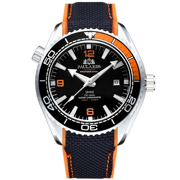 

men automatic self wind mechanical canvas rubber strap orange blue red rotatable bezel classic watch, Slivery;brown