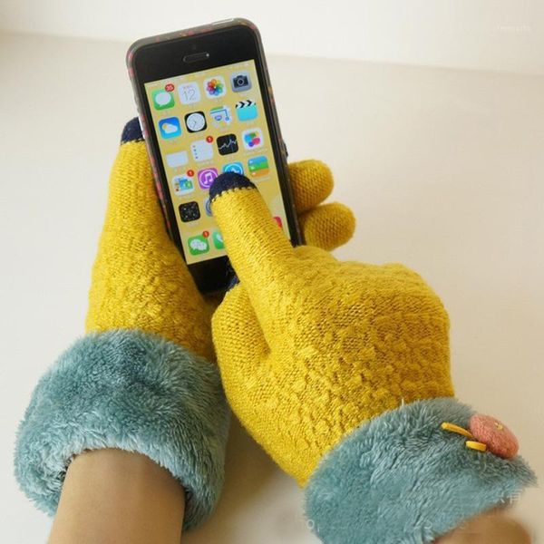 Beş Parmak Eldiven Kadın Kış Dokunmatik Ekran Sıcak Elastik Örme Yün Örgü Tığ işi tam parmak eldiven kalınp