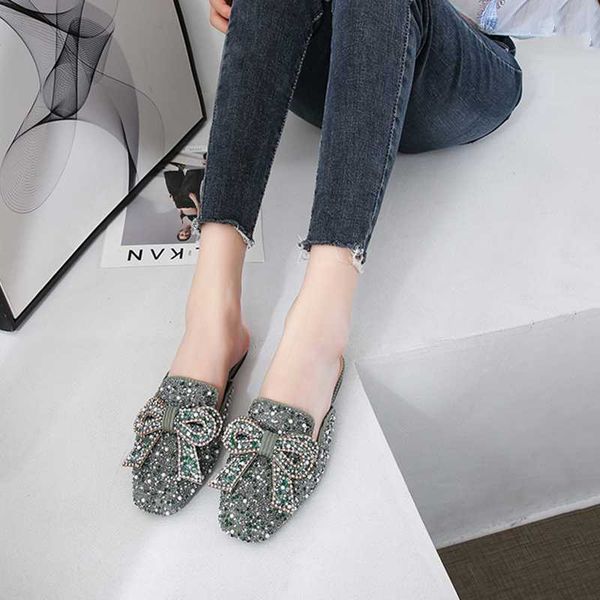 

slippers 2021 summer fashion lazy muller shoes large size rhinestones baotou bow half outside sandals and, Black