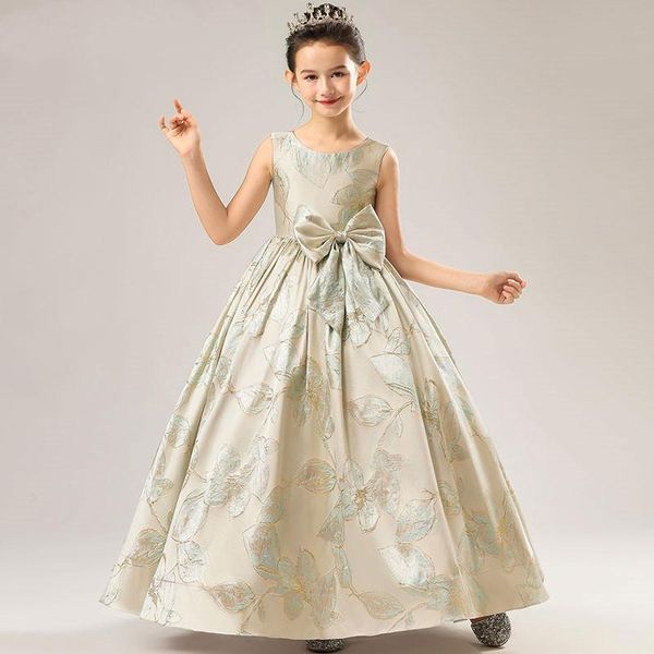 

girl's dresses evening dress high-end printing host show girl princess, Red;yellow