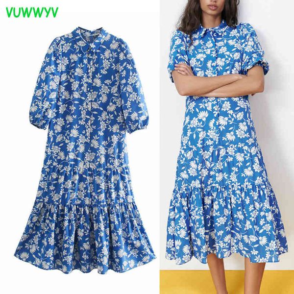 

vintage blue print ruffle midi dress women summer elegant collar shirts woman short puff sleeve buttons vestidos 210430, Black;gray